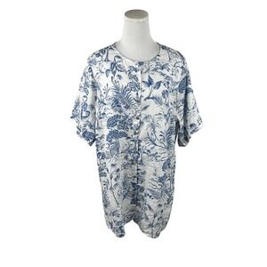 Nicole‎ Miller Blouse Womens 1X Linen Button Down Shirt Toile Print Short Sleeve